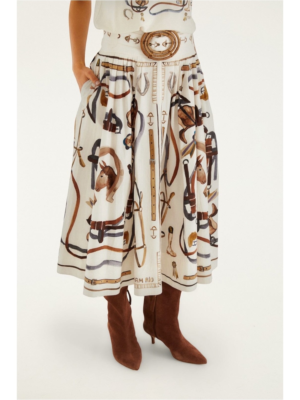 Farm Rio Equestrian Scarf Belted Maxi Skirt in Off White Size Large NWT Horse